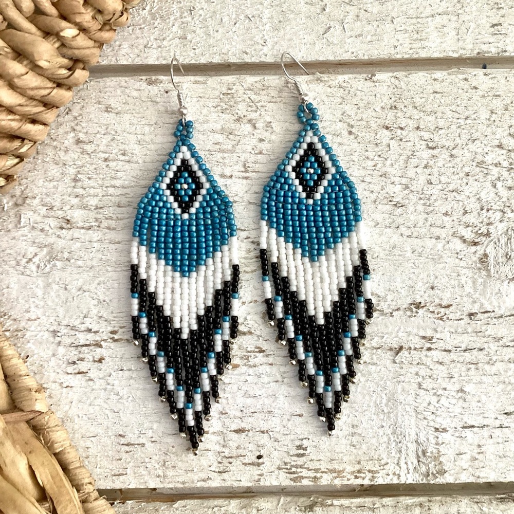 Beaded Blue, White &‎ Black Dangle Festival Travel Boho Earrings Handmade New
